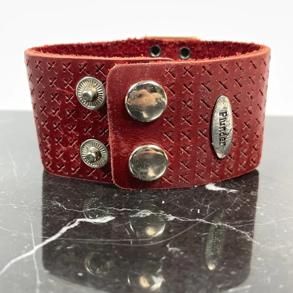 Plunder Red Leather Cuff Bracelet with P‎ Initial Metal Accent Snap Closure